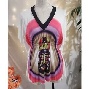 Vtg Rampage Y2K V-Neck Babydoll Batwing Sleeve Top Size S Tribal Tiki Mask Aztec